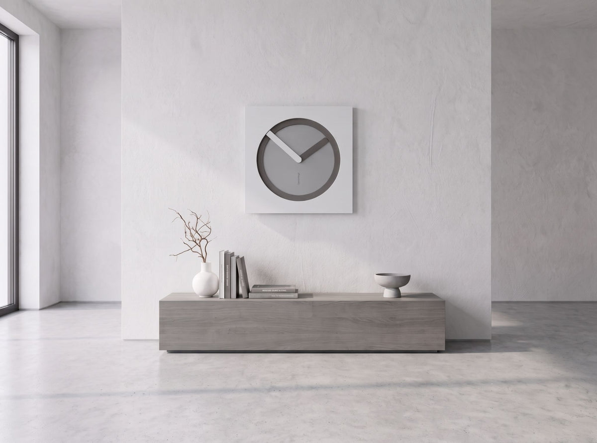 KAM designer wall clock in a minimalist neutral interior by CalleaDesign