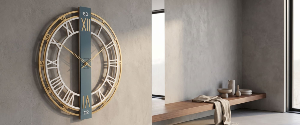 Large CalleaDesign wall clock with gold numerals on a textured wall in a contemporary interior