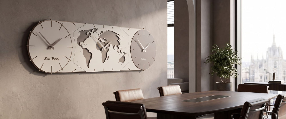 CalleaDesign world time clock installed in a contemporary international interior