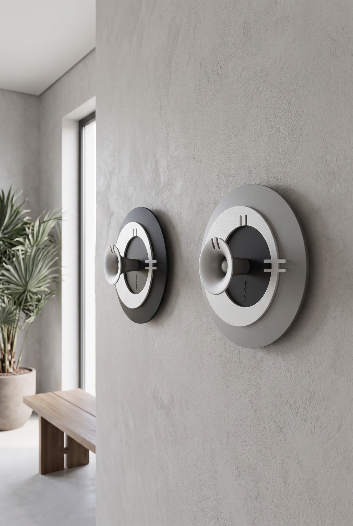 Bitta & Betta pair of circular wall-mounted coat hooks in a contemporary entrance