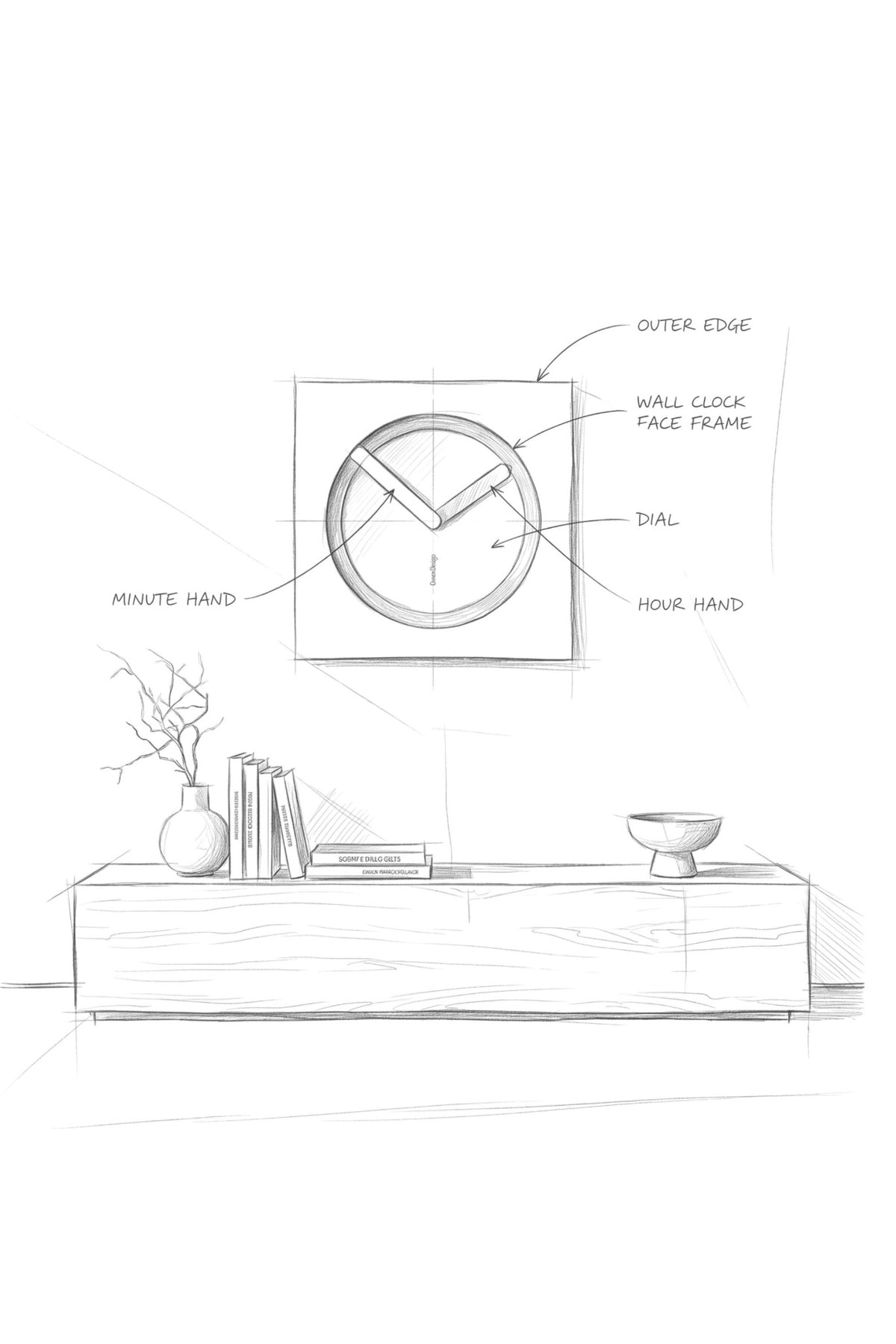 KAM design sketch showing the five customisable elements: dial, frame, outer edge, hour hand and minute hand
