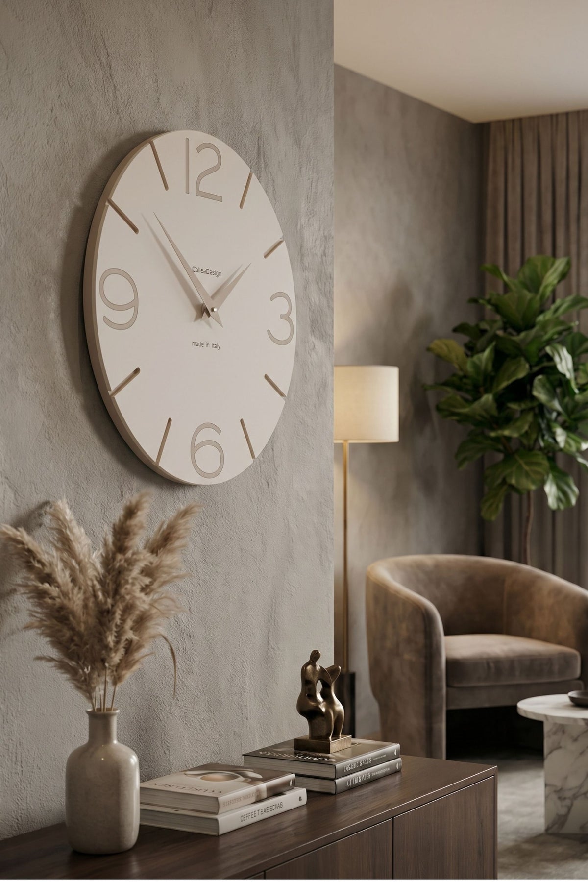 CalleaDesign Smile wall clock in Café Latte finish in a contemporary neutral interior